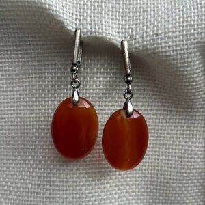 Vintage Carnelian Oval Drop Earrings Silver Tone Hook Dangle Jewelry Gift